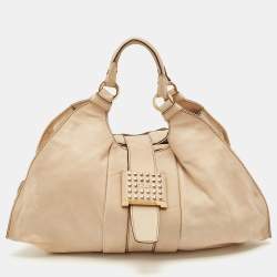 Tod's Beige Shimmer Nubuck Leather Studded Lock Flap Shoulder Bag