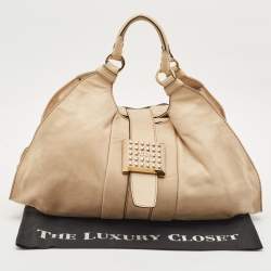 Tod's Beige Shimmer Nubuck Leather Studded Lock Flap Shoulder Bag