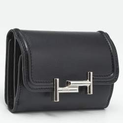 Pre Owned Tod's Black Leather Double T Trifold Wallet