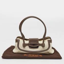 Pre Owned Tod's Flap Brown/Off White Canvas and Leather Satchel