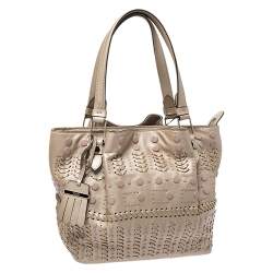 Pre Owned Tod's Metallic Beige Leather Small Studded Flower Tote