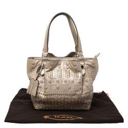 Pre Owned Tod's Metallic Beige Leather Small Studded Flower Tote