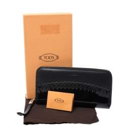 Tod's Black Patent Leather Zip Around Continental Wallet