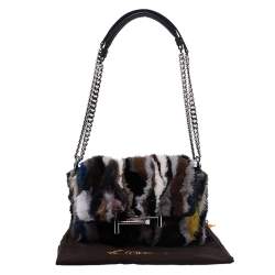 Pre Owned Tod's Multicolor Mink Fur and Leather Double T Flap Shoulder Bag