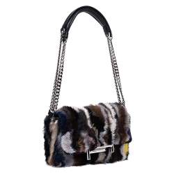 Pre Owned Tod's Multicolor Mink Fur and Leather Double T Flap Shoulder Bag