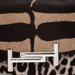 Pre Owned حقيبة كتف تودز T مزدوج ميني شعر عجل طباعة فهد بيج/ بني