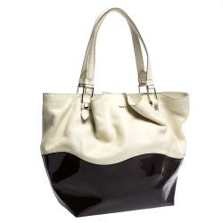 Tod's White/Brown Patent Leather and Leather Medium Shopper Tote