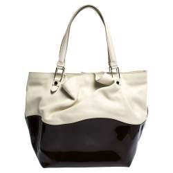 Tod's White/Brown Patent Leather and Leather Medium Shopper Tote