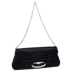Pre Owned Tod's Black Satin Crystal Embellished Flap Chain Clutch