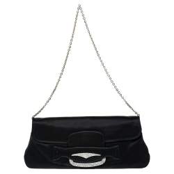 Pre Owned Tod's Black Satin Crystal Embellished Flap Chain Clutch
