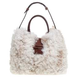 Tod's White Fur and Leather Double T Flap Tote
