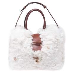Tod's White/Brown Shearling and Leather Medium Double T Tote