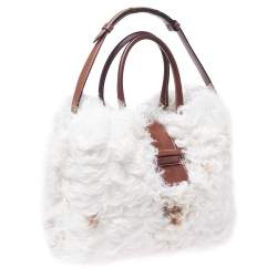 Tod's White/Brown Shearling and Leather Medium Double T Tote