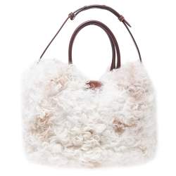 Tod's White/Brown Shearling and Leather Medium Double T Tote
