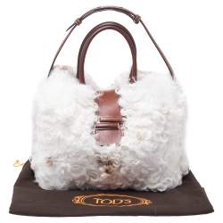 Tod's White/Brown Shearling and Leather Medium Double T Tote