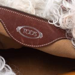 Tod's White/Brown Shearling and Leather Medium Double T Tote