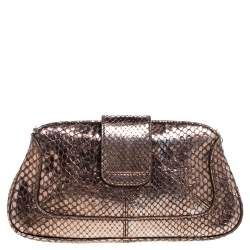 Tod's Metallic Bronze Snakeskin Crystal Embellished Lock Chain Clutch