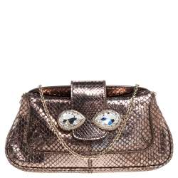 Tod's Metallic Bronze Snakeskin Crystal Embellished Lock Chain Clutch