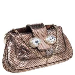 Tod's Metallic Bronze Snakeskin Crystal Embellished Lock Chain Clutch