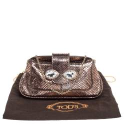 Tod's Metallic Bronze Snakeskin Crystal Embellished Lock Chain Clutch