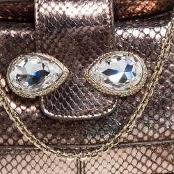 Tod's Metallic Bronze Snakeskin Crystal Embellished Lock Chain Clutch