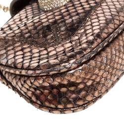 Tod's Metallic Bronze Snakeskin Crystal Embellished Lock Chain Clutch