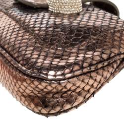 Tod's Metallic Bronze Snakeskin Crystal Embellished Lock Chain Clutch