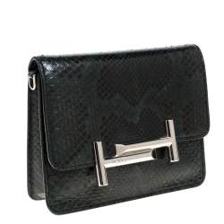 Tod's Dark Green Python Double T Flap Clutch 