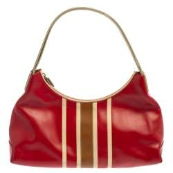 مملوكة مسبقًا Tod's Red/Beige Stripe Leather Colorblock Zip Hobo