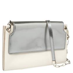 Tod's White/Silver Leather Flap Chain Clutch