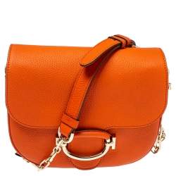 Pre Owned Tod's Orange Leather TT Ring Flap Crossbody Bag