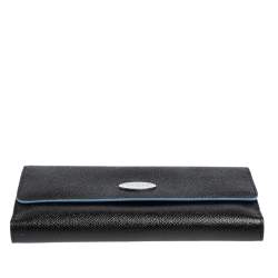 Pre Owned Tod's Black Leather Plaque Logo Continental Flap Wallet