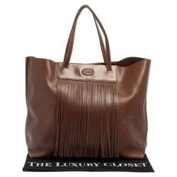 مملوكة مسبقًا Tod's Brown Leather Fringe Media Shopper Tote