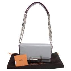 Pre Owned Tod's Grey Leather Mini Double T Shoulder Bag