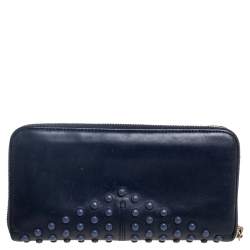 Tod's Navy Blue Leather Gommini Zip Around Continental Wallet