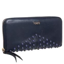 Tod's Navy Blue Leather Gommini Zip Around Continental Wallet