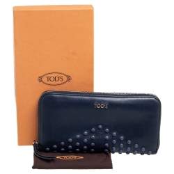 Tod's Navy Blue Leather Gommini Zip Around Continental Wallet