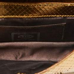 Tod's Metallic Gold Snakeskin and Leather Flap Baguette 