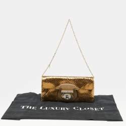 Tod's Metallic Gold Snakeskin and Leather Flap Baguette 