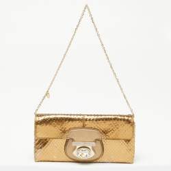 Tod's Metallic Gold Snakeskin and Leather Flap Baguette 