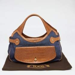 Tod's Blue/Brown Denim and Croc Embossed Leather Front Pocket Hobo
