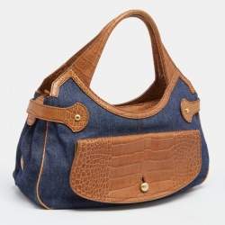 Tod's Blue/Brown Denim and Croc Embossed Leather Front Pocket Hobo