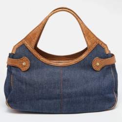 Tod's Blue/Brown Denim and Croc Embossed Leather Front Pocket Hobo