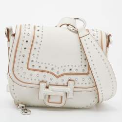 Tod's White Leather Studded Double T Saddle Bag