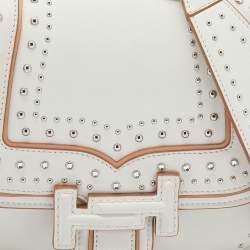 Tod's White Leather Studded Double T Saddle Bag