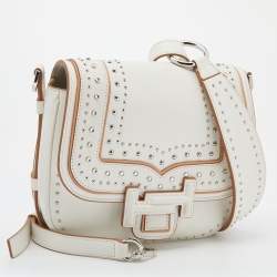 Tod's White Leather Studded Double T Saddle Bag