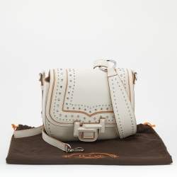 Tod's White Leather Studded Double T Saddle Bag