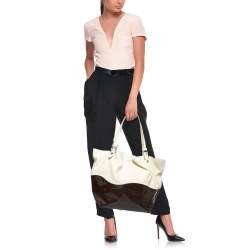 Tod's Cream/Brown Leather and Patent Leather Medium Flower Tote