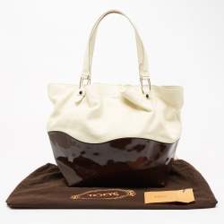Tod's Cream/Brown Leather and Patent Leather Medium Flower Tote