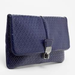 Tod's Blue Signature Embossed Patent Leather Turnlock Flap Clutch